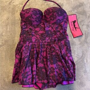 Bettie Page Purple and Black Lace One Piece Swimsuit